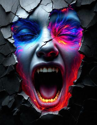 The primary subject of the image is a close-up of a woman's face with her mouth open, appearing to be screaming. The setting is a black and white background, which adds a dramatic and artistic touch to the scene. The visual style is a digital art or illustration, as the woman's face is depicted in a detailed and intricate manner. The colors and mood of the image are predominantly dark and intense, with the woman's open mouth and the black and white background creating